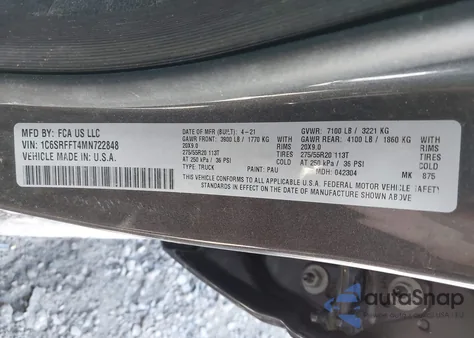 2021 Ram 1500 Big Horn 4X4 5'7 Box z USA, uszkodzony, nr VIN 1C6SRFFT4MN722848